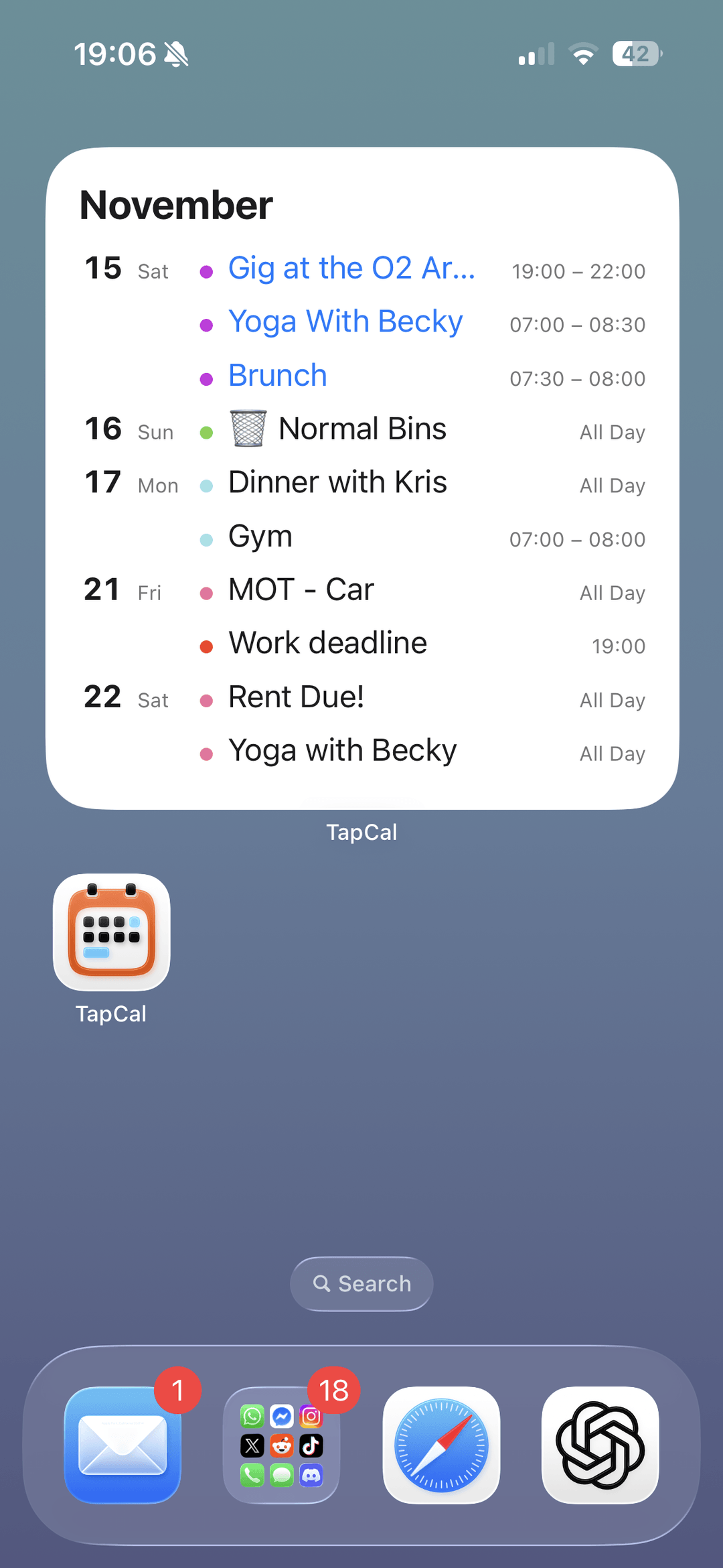 TapCal calendar widget on an iPhone Home Screen