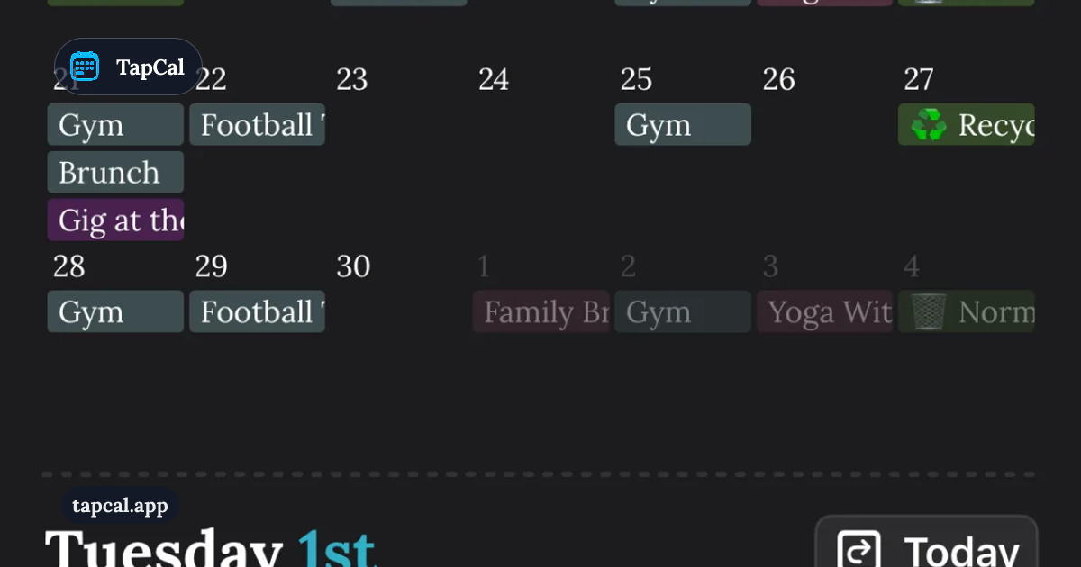 Dark-themed TapCal screen showing a September 2026 month calendar with colored event bars and weather icons. Below, Tuesday the 1st agenda lists Family Brunch and Football Training, with a Today button and bottom navigation icons.